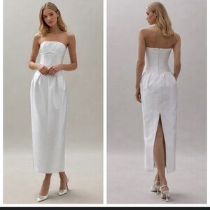 Strapless Corset Midi Dress White Pleated Tulip Skirt Bridal Rehearsal Formal